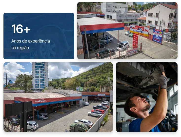 Fachadas das unidades da Chefe do Óleo em Blumenau e mecânico trabalhando sob um veículo, com selo de 16 anos de experiência