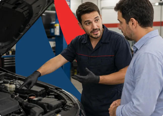Mecânico explicando o diagnóstico do motor ao cliente na oficina